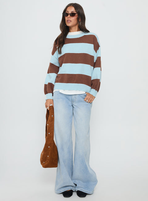 front view of model wearing Princess Polly Ardentia Crew Neck Knit Sweater Aqua Stripe Longline Jumpers 