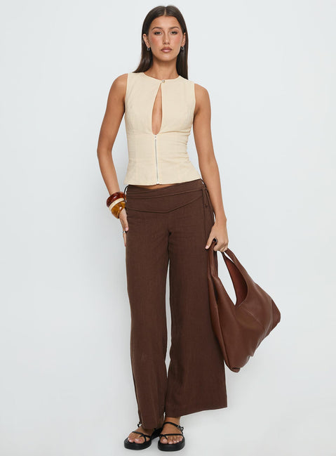 front view of model wearing Princess Polly Silver Moon Linen Blend Tie Pants Brown Petite Mid Rise Pants 