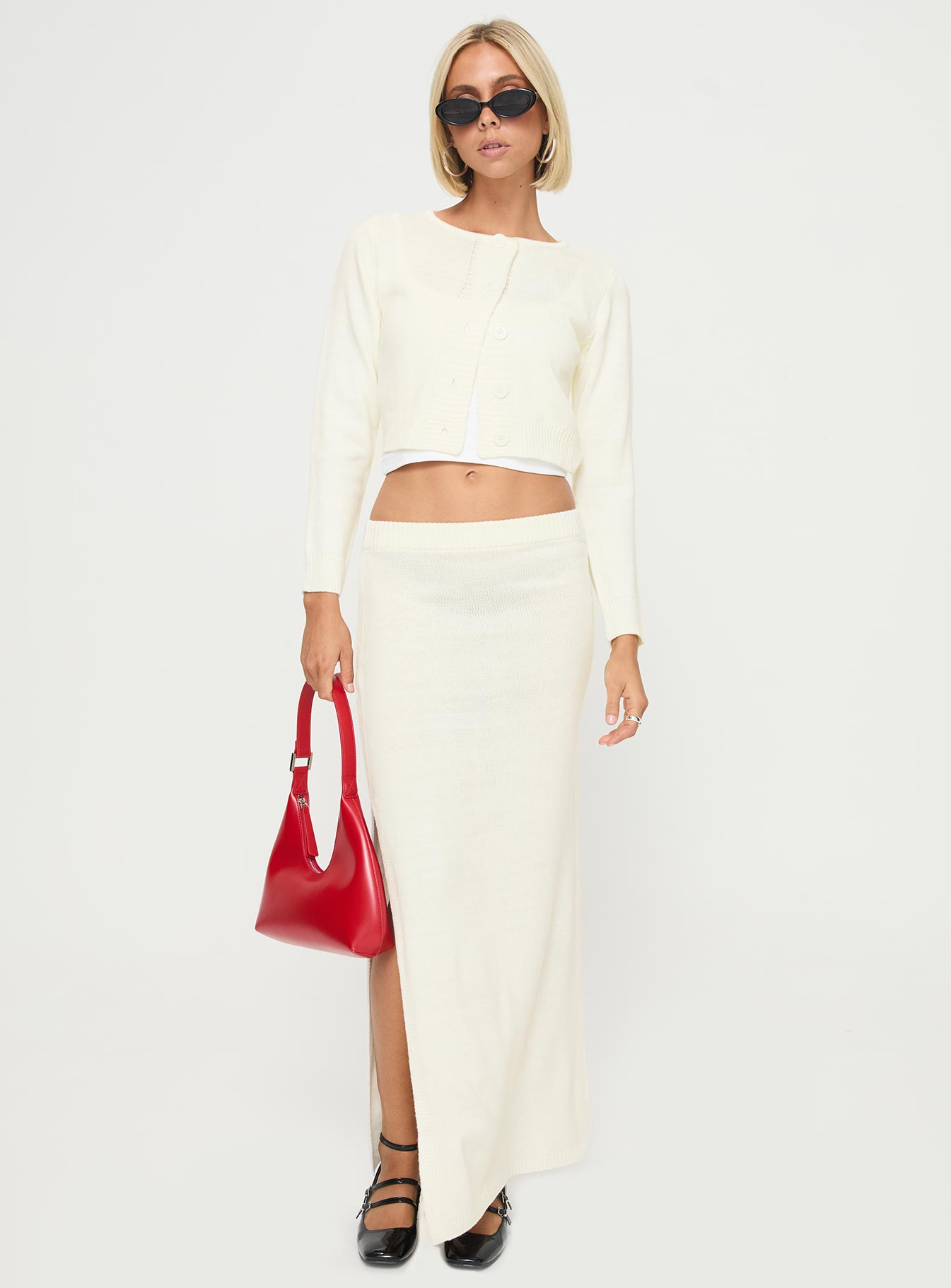 back view of model wearing Princess Polly Collase Knit Sweater Cream cropped 