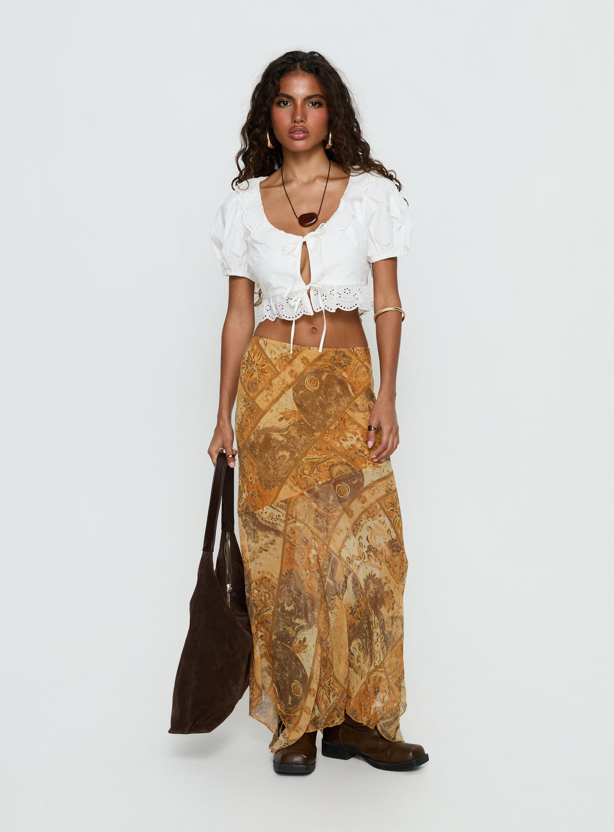   side view of model wearing Princess Polly Lyanna Hanky Hem Maxi Skirt Multi Maxi Skirts 