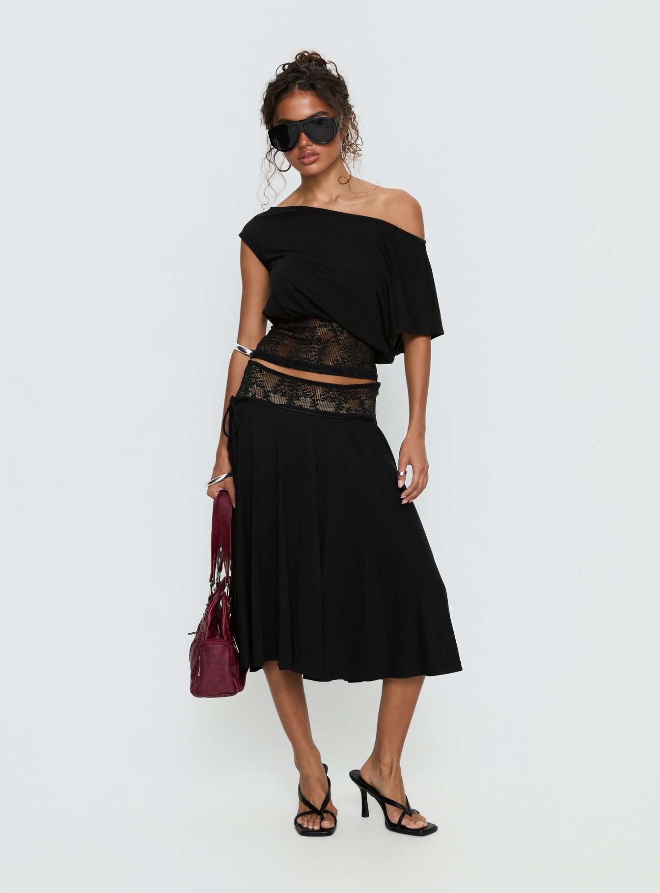   front view of model wearing Princess Polly Marienna Lace Midi Skirt Black Midi Skirts Skirts 