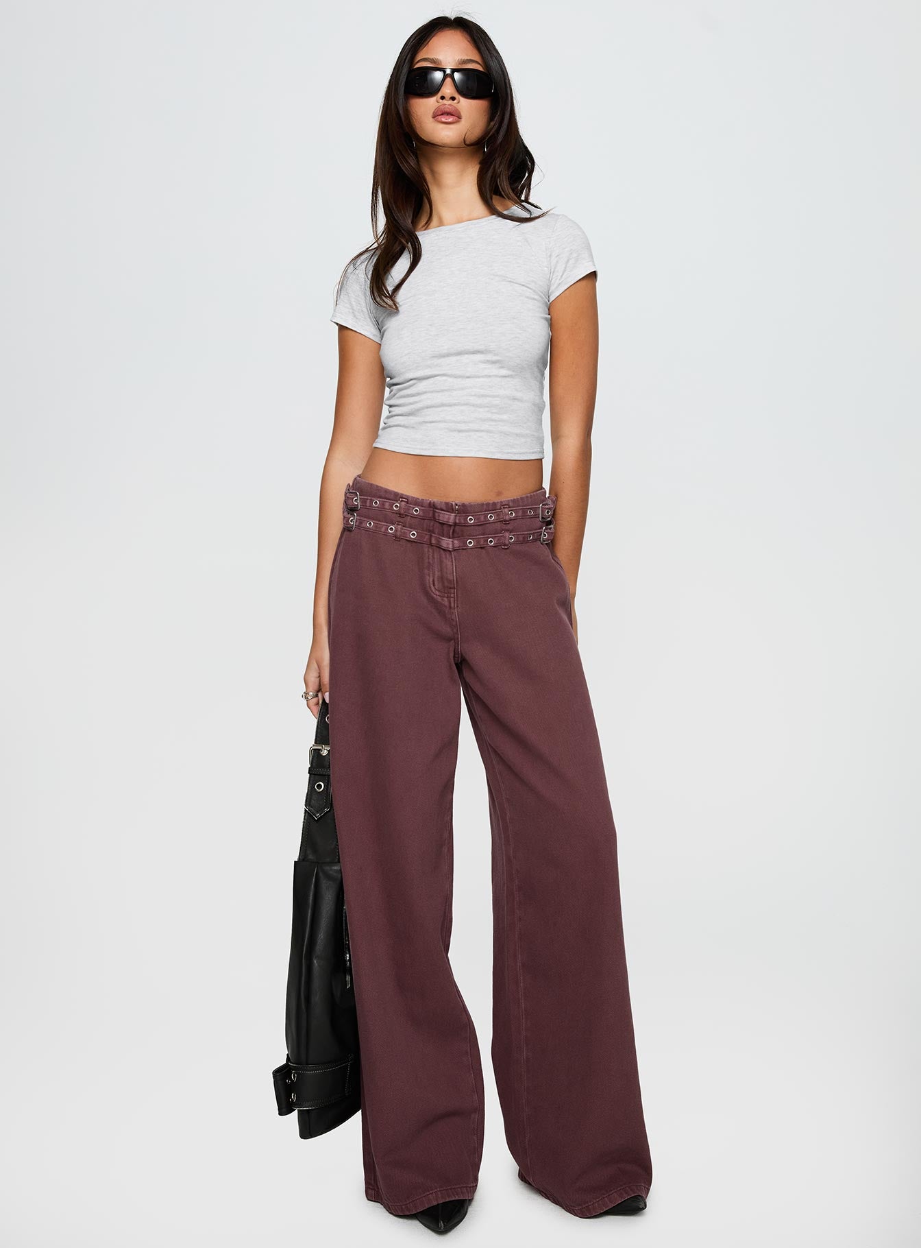 front view of model wearing Princess Polly Baccarat Belted Pant Chocolate Mid Rise 