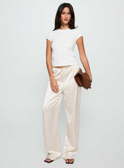 front view of model wearing Princess Polly Soulstar Satin Pants Champagne Low Rise Pants 