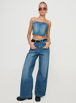 front view of model wearing Princess Polly Vihaan Top Blue Wash Sleeveless Square Neck 