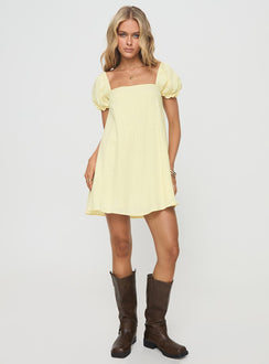back view of model wearing Princess Polly Beyond Linen Blend Mini Dress Yellow Square Neck 