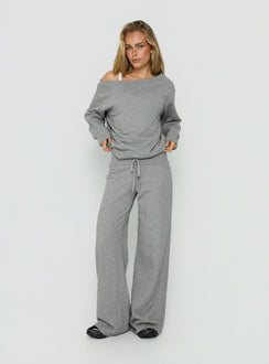 Showcasing the Dodie Wide Leg Pants Dark Grey Marle in womens-regular-pants with mid-rise front view of model wearing Princess Polly