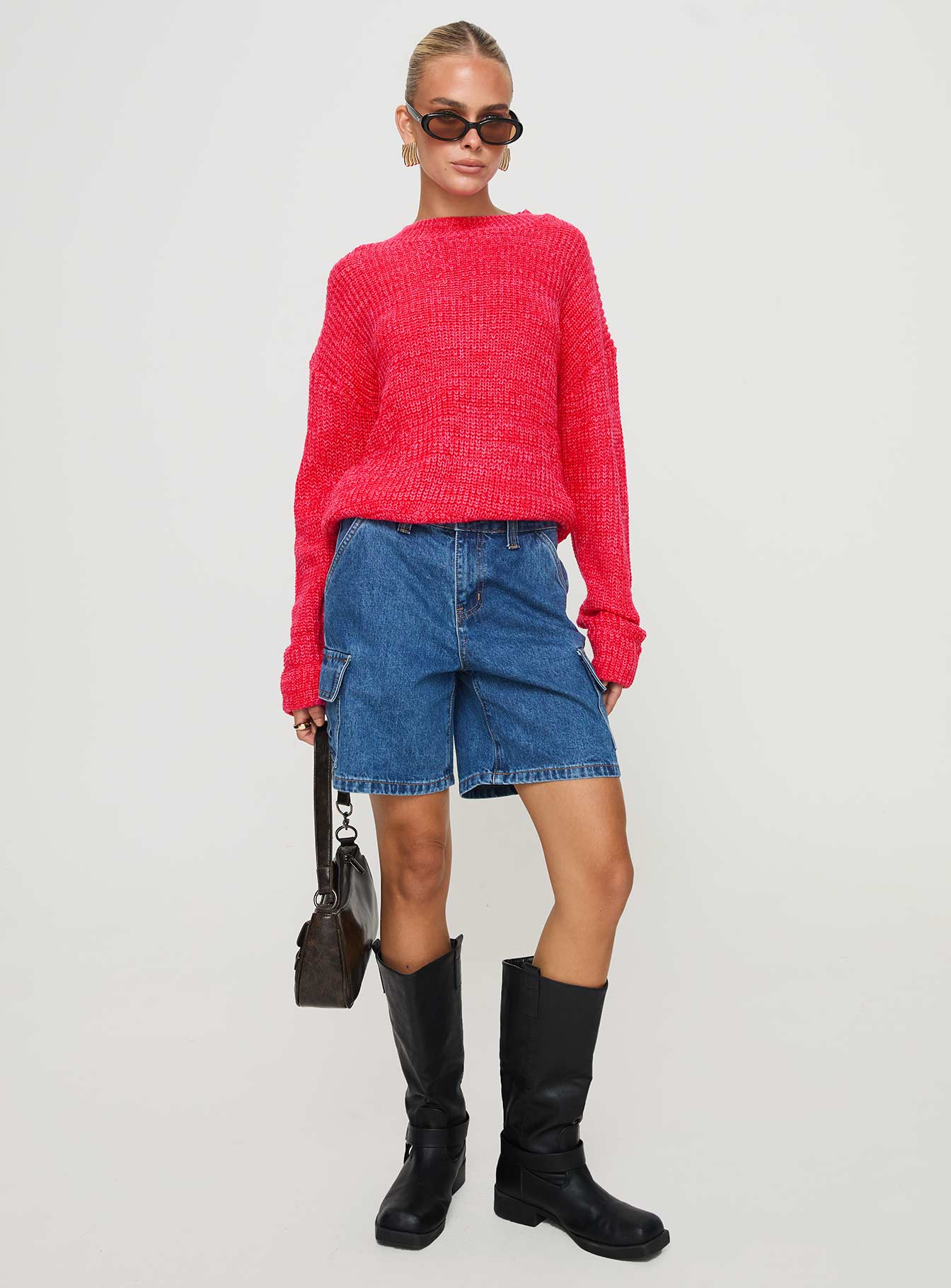 front view of model wearing Princess Polly Bae Sweater Pink/ Red 