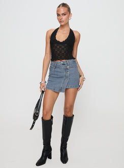   front view of model wearing Princess Polly Denis Mini Denim Skirt Light Blue Mini Skirts Skirts 