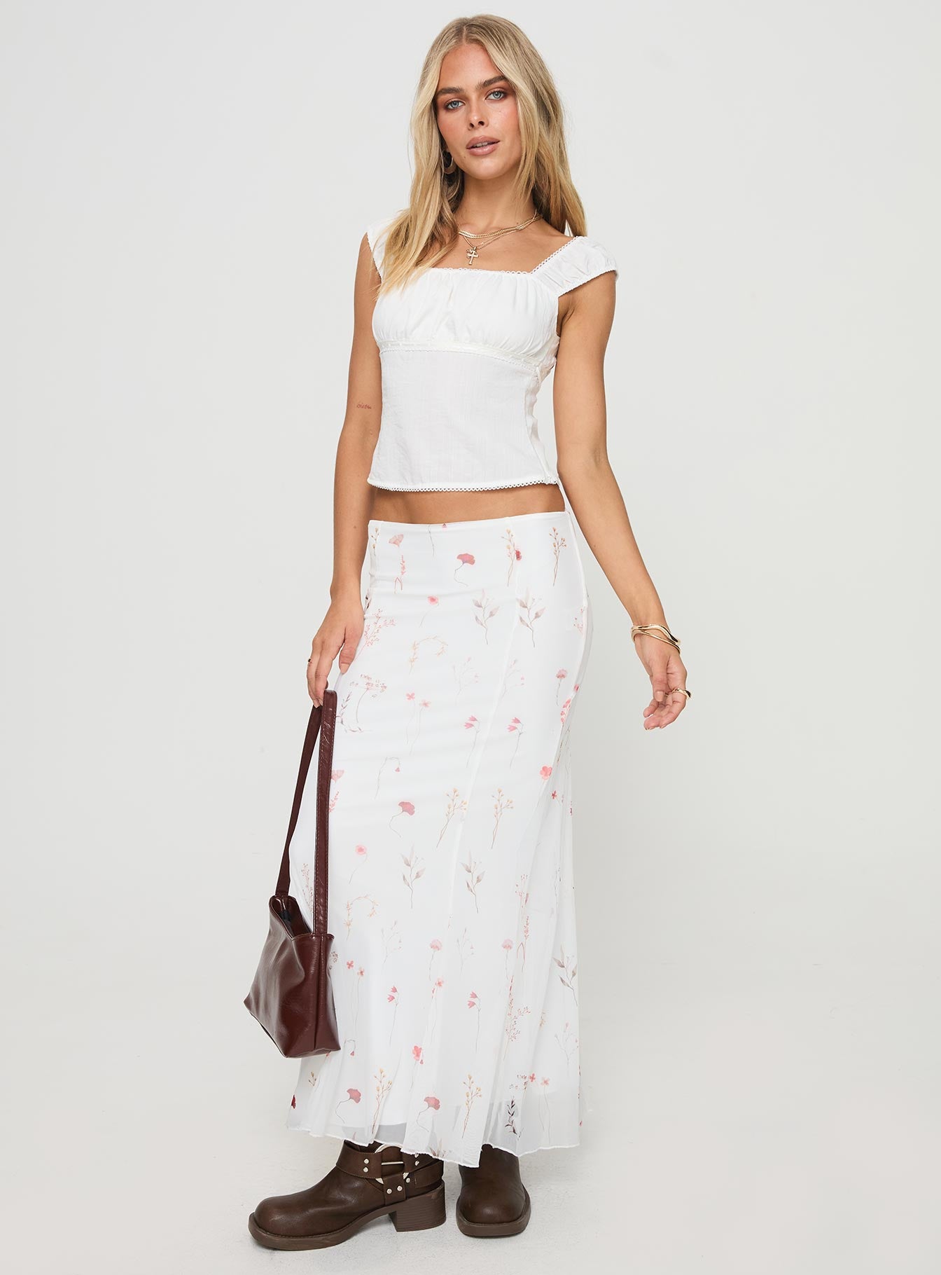 front view of model wearing Princess Polly Thaliah Top White Sleeveless Square Neck 