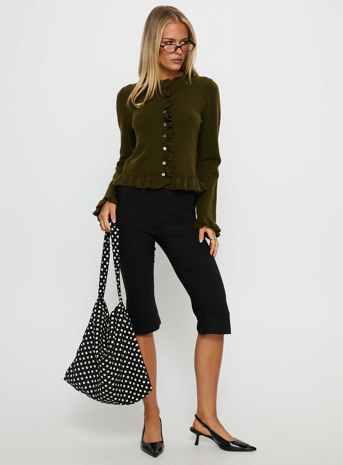 front view of model wearing Princess Polly Inclination Frill Cardigan Moss Cropped 