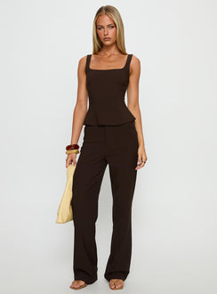 side view of model wearing Princess Polly Kinsie Tailored Pants Brown High Rise Pants 