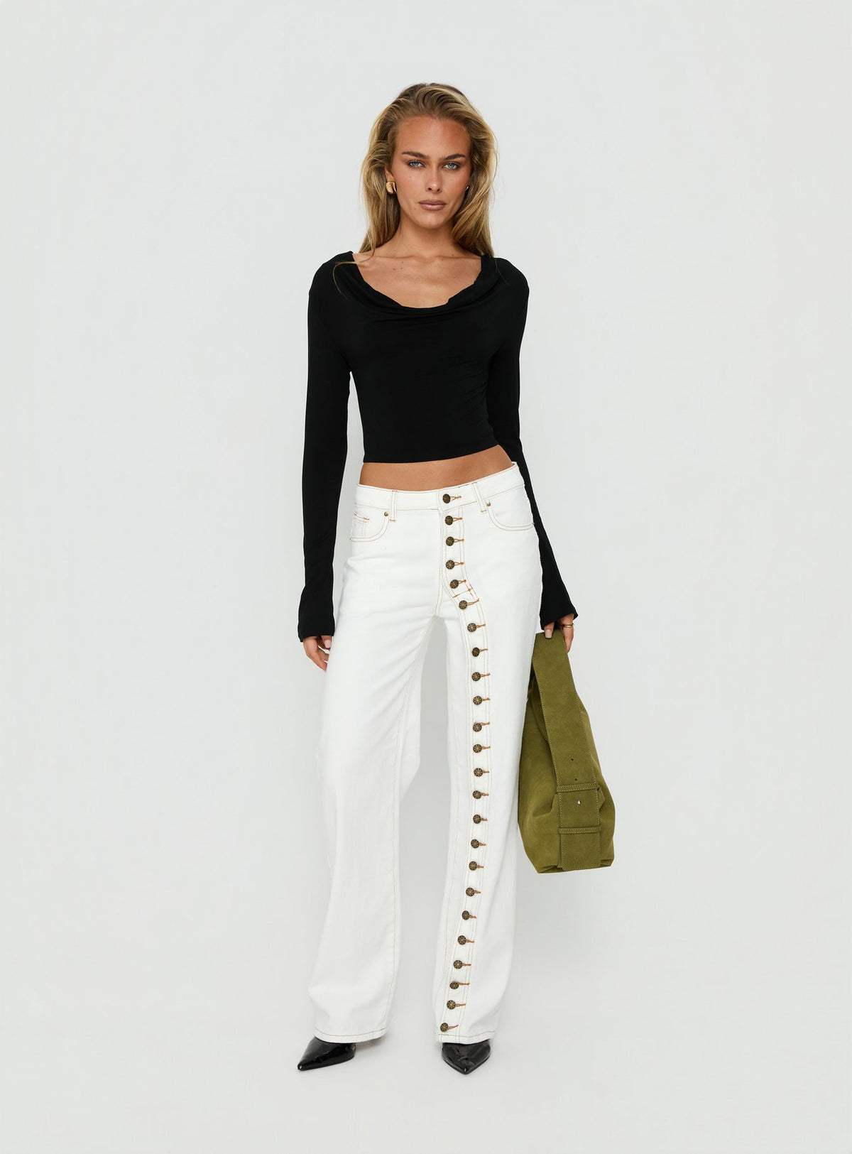 Showcasing the Penny Mid Rise Straight Leg Jeans White in womens-jeans with mid-rise front view of model wearing Princess Polly