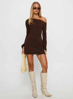Adrietta Long Sleeve Off Shoulder Mini Dress Brown Petite