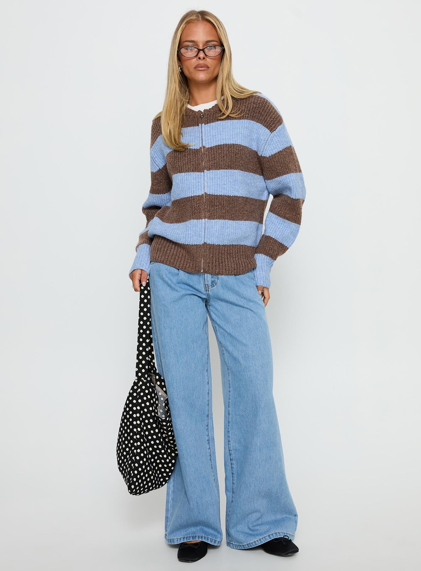front view of model wearing Princess Polly Queena Zip Through Knit Sweater Blue Stripe 
