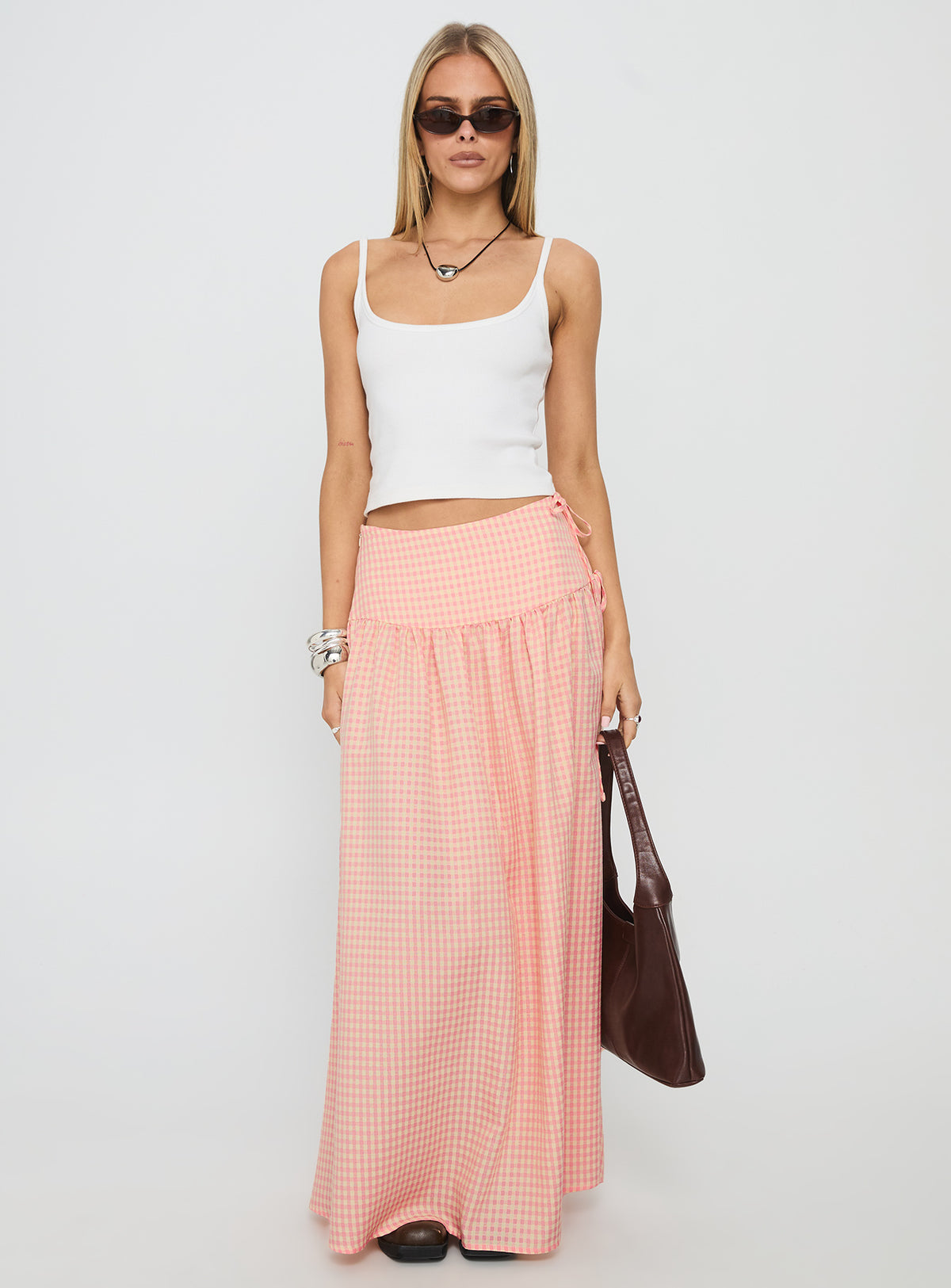   front view of model wearing Princess Polly Analeah Tie Side Midi Skirt Orange Check Maxi 
