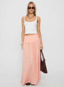  front view of model wearing Princess Polly Analeah Tie Side Midi Skirt Orange Check Maxi 