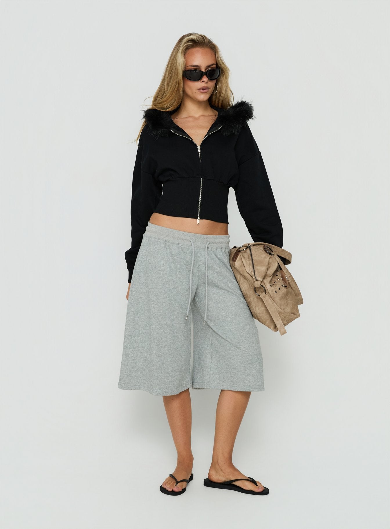 Featuring the Ramonda Faux Fur Hooded Jumper Black womens-jumpers in short length on-body view of model wearing Princess Polly