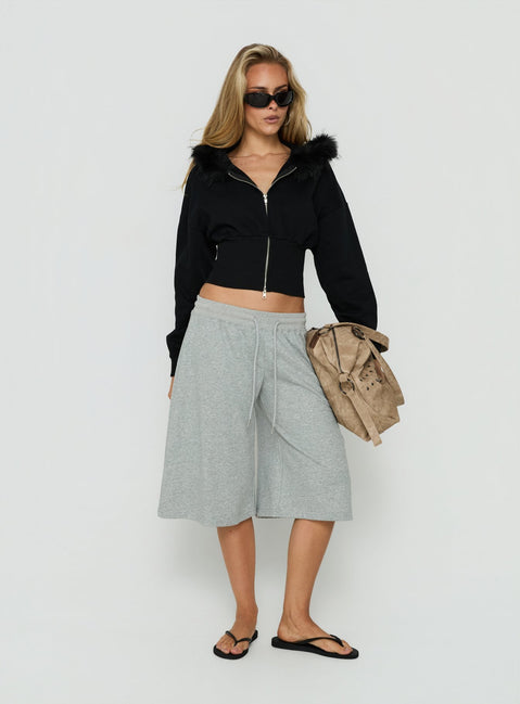Featuring the Ramonda Faux Fur Hooded Jumper Black womens-jumpers in short length on-body view of model wearing Princess Polly