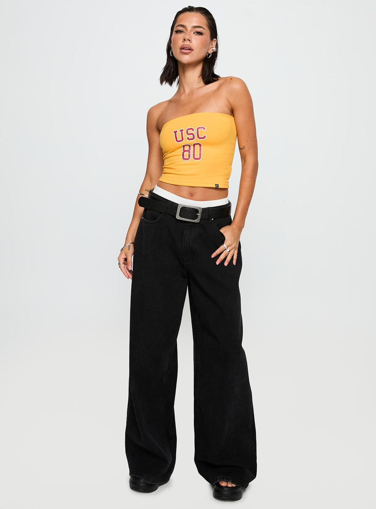 front view of model wearing Princess Polly USC Tube Top Gold Sleeveless straight 