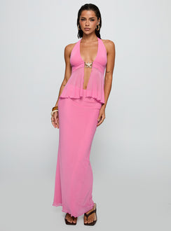 front view of model wearing Princess Polly Electrified Hardware Detail Top Pink Sleeveless Plunger 
