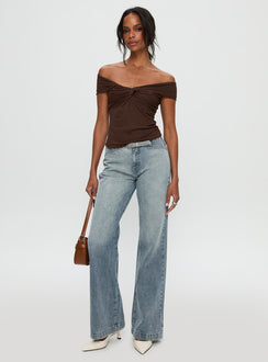 front view of model wearing Princess Polly Suspiria Twist Off Shoulder Top Chocolate Short Sleeves V-Neck 