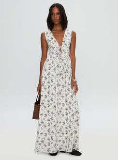side view of model wearing Princess Polly Pokey Maxi Dress Floral Multi Plunger 