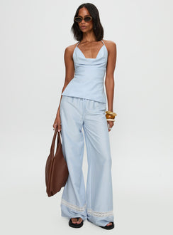 back view of model wearing Princess Polly Summer Too Hot Cowl Neck Top Blue Stripe Sleeveless Cowl 