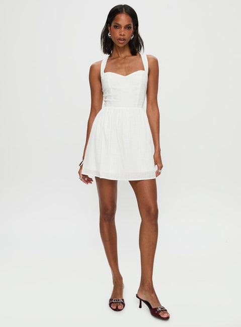 back view of model wearing Princess Polly Zolena Halter Mini Dress White Sweetheart Neckline 
