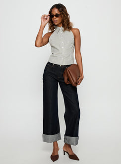 side view of model wearing Princess Polly Squire Mid Rise Straight Leg Folded Hem Jeans Indigo Wash Mid Rise Jeans Jeans 