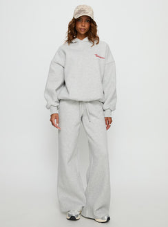 front view of model wearing Princess Polly Princess Polly Stargirl Wide Leg Sweat Pants Grey Marle High Rise Pants Pants 