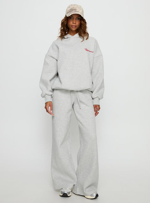 front view of model wearing Princess Polly Princess Polly Stargirl Wide Leg Sweat Pants Grey Marle High Rise Pants Pants 