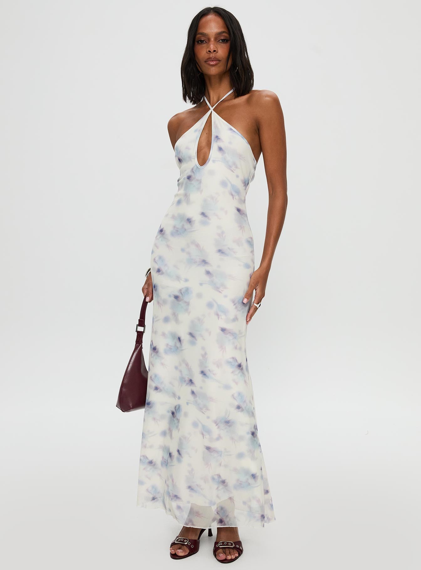 front view of model wearing Princess Polly Walk On Water Halter Maxi Dress White Plunger 