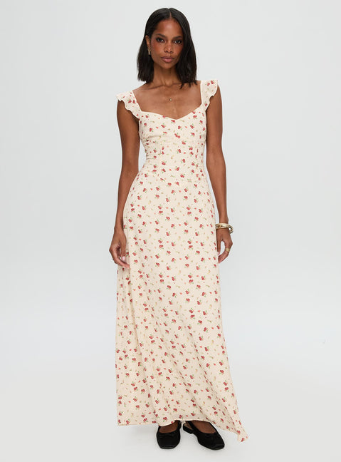 side view of model wearing Princess Polly Maryana Maxi Dress Cream / Multi Sweetheart Neckline 
