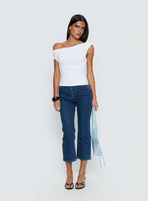 back view of model wearing Princess Polly Cindee High Rise Cropped Jeans Mid Blue Wash High Rise Jeans 