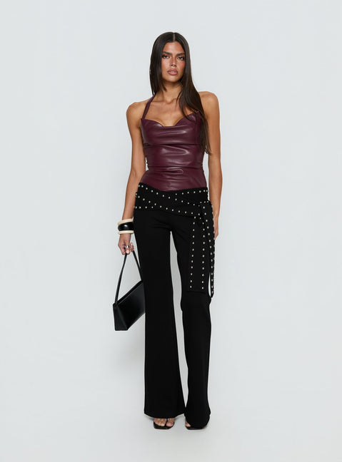 Thunderbolt Faux Leather Cowl Neck Top Plum