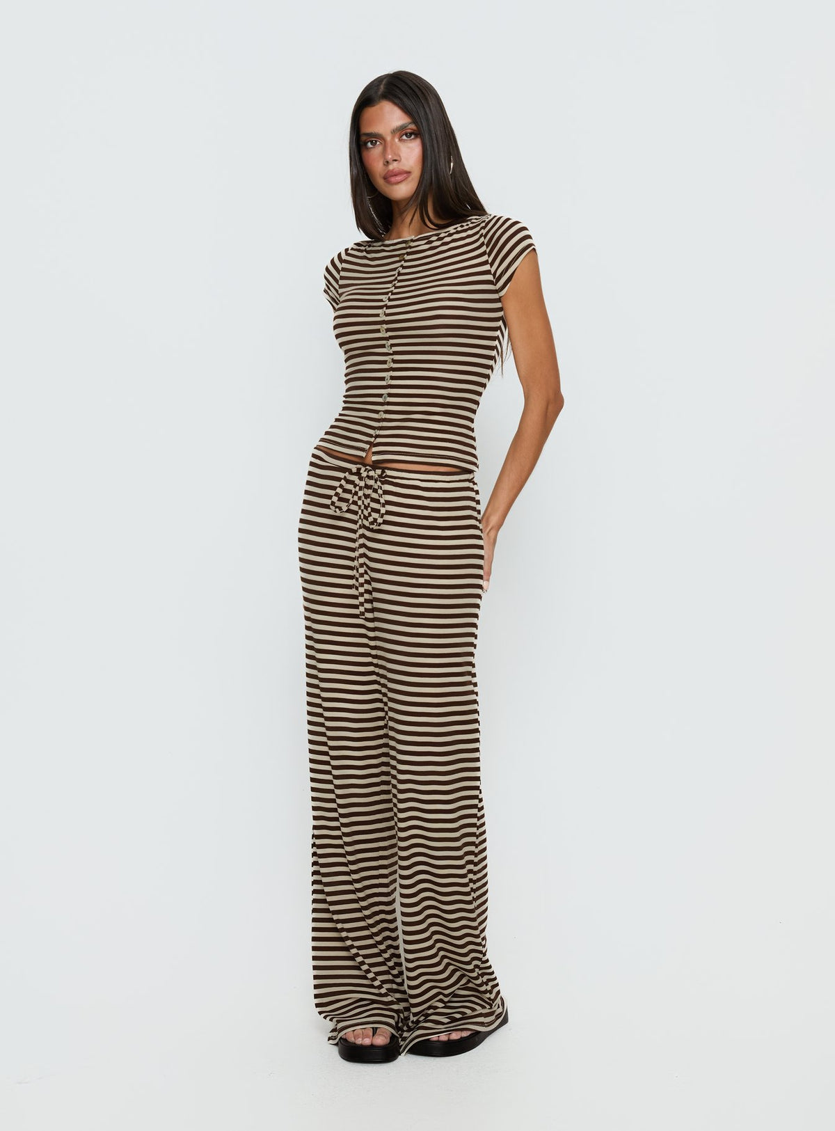 front view of model wearing Princess Polly Gavrielle Jersey Wide Leg Pants Chocolate / Cream Stripe Mid Rise Pants 