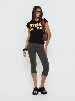 back view of model wearing Princess Polly Enmu Capri Trouser Charcoal Grey Mid Rise Pants 