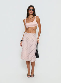   front view of model wearing Princess Polly Clarabella Frill Midi Skirt Pink Polka Dot Midi Skirts 