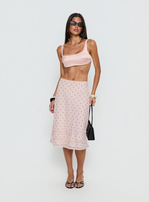   front view of model wearing Princess Polly Clarabella Frill Midi Skirt Pink Polka Dot Midi Skirts 