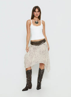   side view of model wearing Princess Polly Dark Mirage Asymmetrical Midi Skirt Multi Midi Skirts 