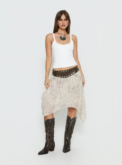   side view of model wearing Princess Polly Dark Mirage Asymmetrical Midi Skirt Multi Midi Skirts 