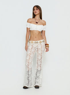 front view of model wearing Princess Polly Rosadonna Lace Flare Pants Cream Mid Rise Pants 