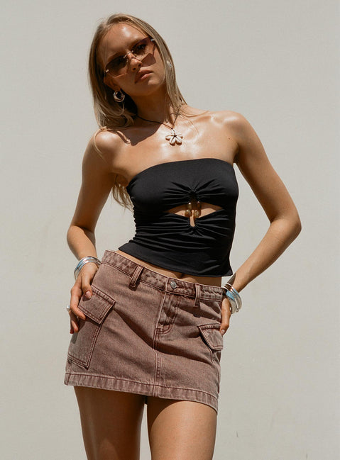 front view of model wearing Princess Polly Turlock Cut Out Strapless Top Black Sleeveless straight 