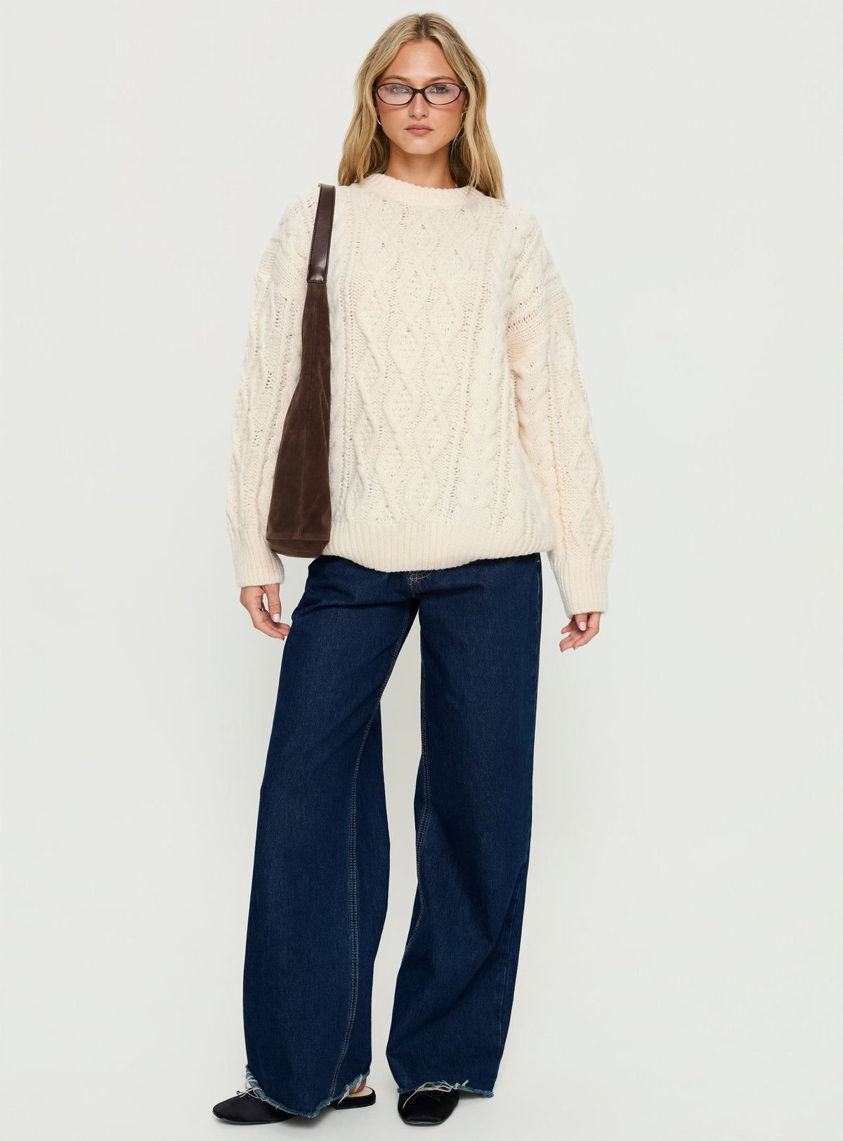 Crafted from the Rorey Cable Knit Crew Neck Sweater White womens-jumpers with oversized fit in long length product Princess Polly