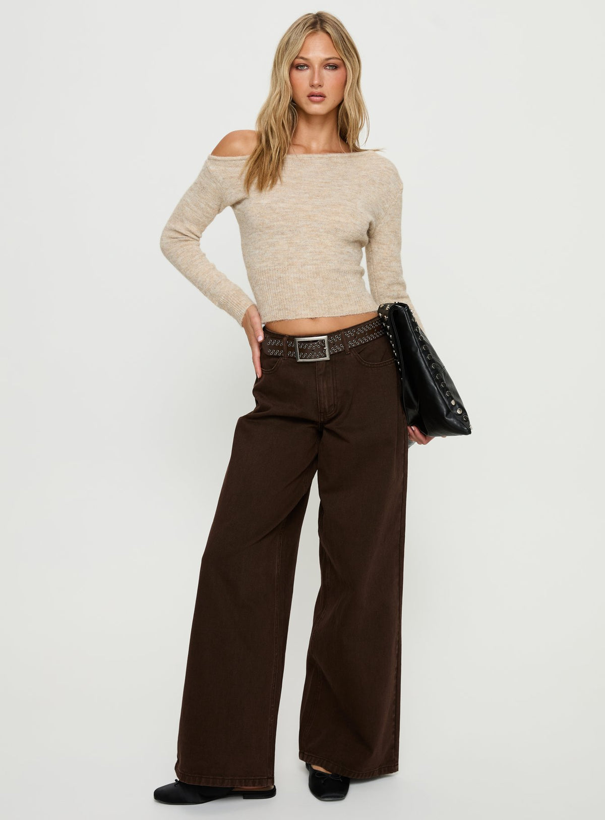 Selbey Fluffy Cinched Waist Off Shoulder Top Cream Marle