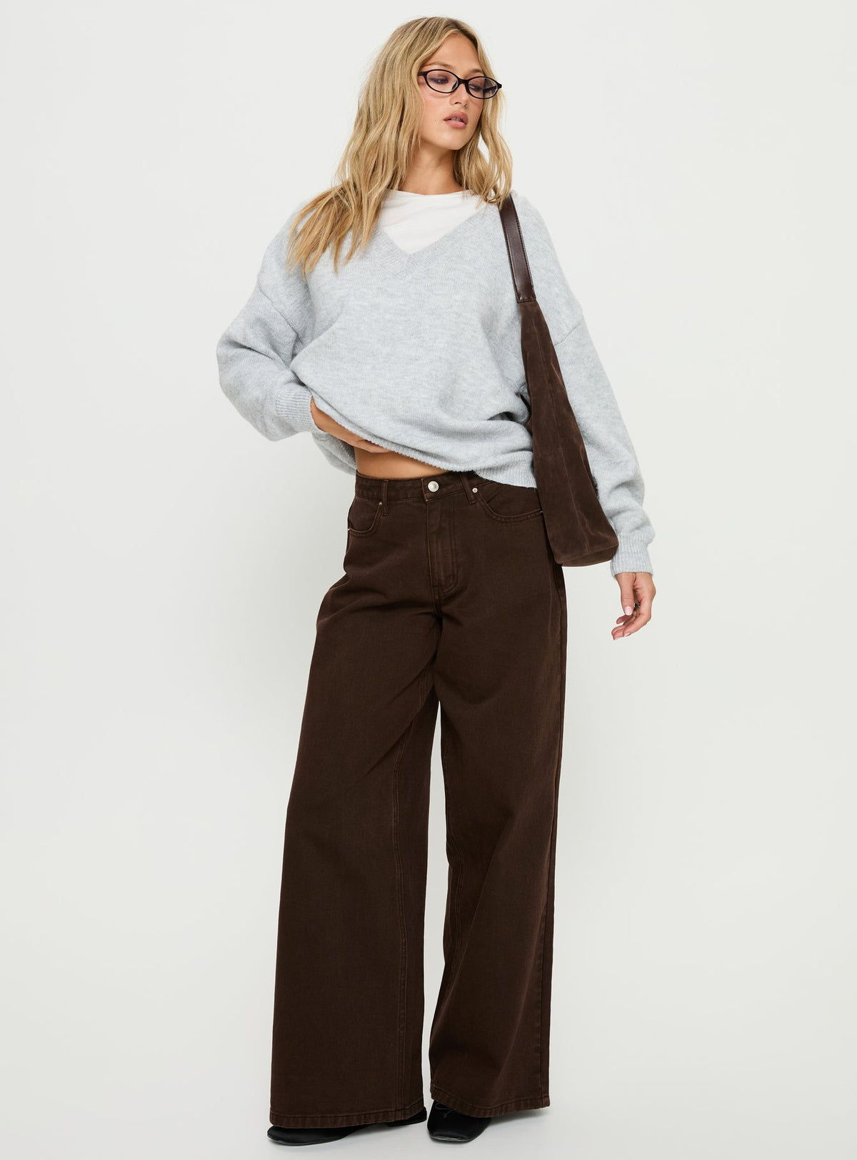 front view of model wearing Princess Polly Stay The Night V Neck Knit Sweater Grey Marle regular 