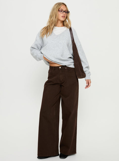 front view of model wearing Princess Polly Stay The Night V Neck Knit Sweater Grey Marle regular 