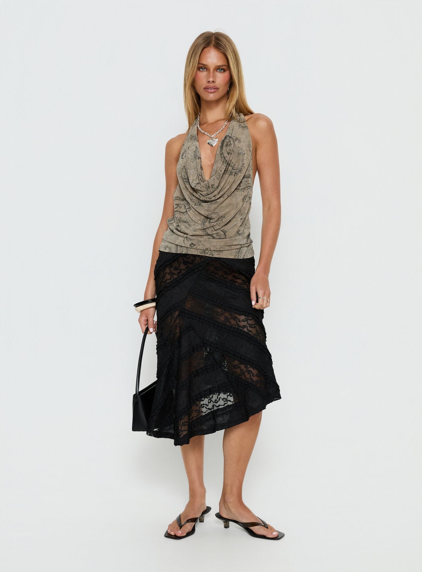   front view of model wearing Princess Polly Constancia Asymmetrical Sheer Midi Skirt Black Midi Skirts 