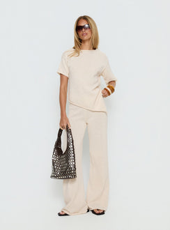 front view of model wearing Princess Polly Calisse Knit Wide Leg Pants Beige High Rise Pants 