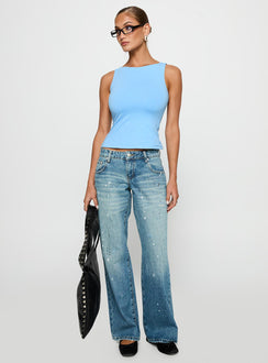 side view of model wearing Princess Polly Picasso Straight Leg Jean Mid Blue Mid Rise 